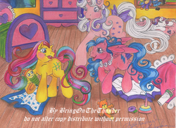 Size: 840x611 | Tagged: safe, artist:kissthethunder, baby firefly, baby moondancer, baby tic tac toe, twilight, earth pony, pegasus, pony, unicorn, g1, 2010, baby, baby pony, babysitting, bed, blanket, bow, dresser, female, filly, first tooth pony, foal, horn, jewelry, lullaby nursery, lullabye nursery, mare, necklace, pacifier, plushie, sleeping, tail, tail bow, teddy bear, traditional art, trio focus, underhoof