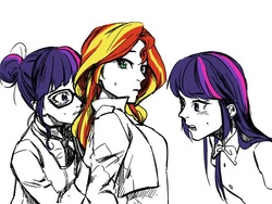 Size: 600x450 | Tagged: safe, artist:leenukgid, sci-twi, sunset shimmer, twilight sparkle, human, equestria girls, g4, my little pony equestria girls: friendship games, human ponidox, twilight sparkle (alicorn), twolight