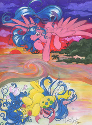 Size: 605x818 | Tagged: safe, artist:kissthethunder, bubbles (g1), firefly, earth pony, pegasus, pony, g1, 2010, :o, blushing, bow, bubble, duo, duo female, female, flying, holding breath, mare, open mouth, palm tree, puffy cheeks, spread wings, sunset, swimming, tail, tail bow, tree, underhoof, underwater, water, windswept mane, windswept tail, wings