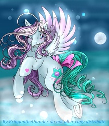 Size: 600x690 | Tagged: safe, artist:kissthethunder, aurora mist, pegasus, pony, g3, 2011, ahoge, bow, bubble, colored wings, female, flying, gradient wings, hoof heart, mare, one eye closed, solo, spread wings, tail, tail bow, underhoof, windswept mane, windswept tail, wings