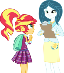 Size: 3408x3923 | Tagged: safe, artist:xebck, queen chrysalis, sunset shimmer, equestria girls, g4, my little pony equestria girls: friendship games, alternate hairstyle, alternate universe, backpack, clipboard, clothes, clothes swap, crystal prep academy, crystal prep academy uniform, crystal prep shadowbolts, equestria girls-ified, high res, necklace, pleated skirt, school uniform, skirt
