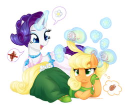 Size: 950x840 | Tagged: dead source, safe, artist:licora, idw, applejack, rarity, pony, friends forever, g4, applejack also dresses in style, clothes, dress, flower, frown, hair curlers, levitation, magic, makeover, simple background, transparent background