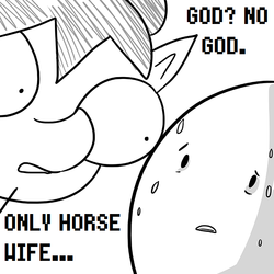 Size: 660x660 | Tagged: safe, artist:tjpones, oc, oc only, oc:hose wife, oc:richard, horse wife, monochrome, only the dead can know peace from this evil, stare, sweat
