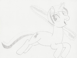 Size: 1500x1136 | Tagged: safe, artist:fimbulvinter, minuette, pony, unicorn, g4, female, monochrome, sketch, solo, toothbrush, traditional art