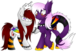 Size: 2950x2032 | Tagged: safe, artist:scarlet-spectrum, oc, oc only, oc:nightmare prankster, oc:scarlet spectrum, bat pony, pony, blushing, bracelet, choker, clothes, dialogue, high res, raised hoof, simple background, smiling, socks, spiked choker, spiked wristband, striped socks, transparent background