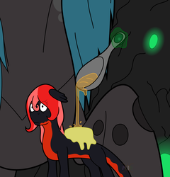 Size: 1132x1180 | Tagged: safe, artist:parallel black, queen chrysalis, oc, oc:mave, alp-luachra, changeling, original species, g4, butter, imminent vore, spoon, syrup