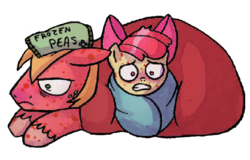 Size: 575x367 | Tagged: safe, artist:agnes garbowska, idw, apple bloom, big macintosh, earth pony, pony, friends forever #21, g4, my little pony: friends forever, spoiler:comic, frozen peas, male, pea, sick, stallion