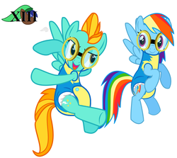 Size: 1160x1036 | Tagged: safe, artist:missy12113, artist:mlpcutepic, lightning dust, rainbow dash, g4, diaper, diaper edit, diaper fetish, female, non-baby in diaper, onesie, poofy diaper, wonderbolt trainee uniform