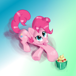 Size: 1024x1024 | Tagged: safe, artist:xbi, pinkie pie, earth pony, pony, g4, cupcake, female, food, prone, solo