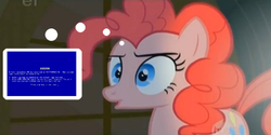 Size: 620x309 | Tagged: safe, screencap, pinkie pie, g4, party of one, blue screen of death, reaction image, thought bubble