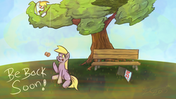 Size: 1280x720 | Tagged: safe, artist:liracrown, derpy hooves, rainbow dash, pegasus, pony, g4, bench, computer, distraction, female, fishing, fishing rod, hiding, laptop computer, mare, muffin, sitting, tree