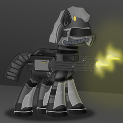 Size: 2507x2507 | Tagged: safe, artist:blue-strokes, oc, oc only, oc:steelhooves, earth pony, pony, fallout equestria, armor, fanfic, fanfic art, gun, high res, machine gun, male, power armor, shooting, solo, stallion, steel ranger, vector, weapon
