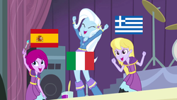 Size: 1280x720 | Tagged: safe, edit, fuchsia blush, lavender lace, trixie, equestria girls, g4, my little pony equestria girls: rainbow rocks, eqg flag-tag meme, female, flag, greece, italy, mediterranean sea, spain, the implications are horrible, trixie and the illusions, unfortunate implications, wat