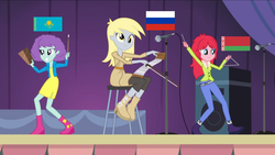 Size: 1920x1080 | Tagged: safe, edit, blueberry pie, derpy hooves, raspberry fluff, equestria girls, g4, belarus, eqg flag-tag meme, eurasian economic union, female, flag, kazakhstan, russia, the implications are horrible, the muffins, trio, trio female, unfortunate implications