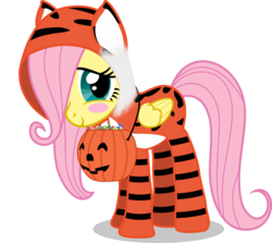 Size: 2691x2396 | Tagged: safe, artist:shutterflyeqd, fluttershy, big cat, tiger, g4, candy, clothes, costume, cute, female, filly, high res, shyabetes, simple background, solo, transparent background, vector