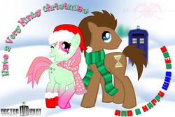 Size: 1200x800 | Tagged: safe, artist:kpendragon, doctor whooves, minty, time turner, earth pony, pony, g3, g4, christmas, clothes, face paint, freckles, g3 to g4, generation leap, grin, hat, male, santa hat, scarf, smiling, socks, stallion, tardis, wink, winter minty