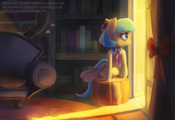 Size: 1485x1020 | Tagged: safe, artist:grissaecrim, coco pommel, earth pony, pony, g4, made in manehattan, apartment, book, bookshelf, cello, coco's apartment, couch, female, mare, musical instrument, patreon, sitting, smiling, solo
