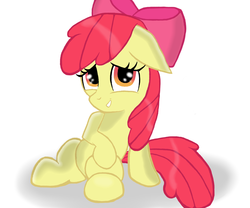 Size: 1300x1080 | Tagged: safe, artist:hanzel2, apple bloom, earth pony, pony, g4, adorabloom, awkward, awkward smile, cute, female, filly, looking at you, sitting, smiling, solo