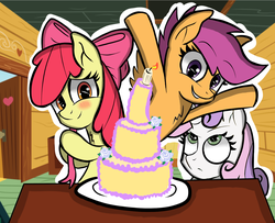 Size: 1600x1300 | Tagged: safe, artist:hanzel2, apple bloom, scootaloo, sweetie belle, earth pony, pegasus, pony, unicorn, g4, adorabloom, birthday cake, blushing, cake, chest fluff, clubhouse, crusaders clubhouse, cute, cutealoo, cutie mark crusaders, happy birthday, looking at you, smiling, unamused