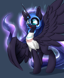 Size: 2500x3050 | Tagged: safe, artist:madacon, nightmare moon, alicorn, pony, g4, season 6, :p, clothes, cute, ear fluff, female, high res, moonabetes, nightmare mlem, pure unfiltered evil, simple background, solo, spread wings, t-shirt, tongue out, troll
