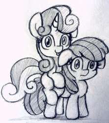Size: 1080x1217 | Tagged: safe, artist:heavymetalbronyyeah, apple bloom, sweetie belle, duo, floppy ears, licking, monochrome, ponies riding ponies, riding, sketch, sweetie belle riding apple bloom, tongue out, traditional art