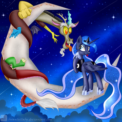 Size: 800x800 | Tagged: safe, artist:swanlullaby, discord, princess luna, alicorn, draconequus, pony, g4, crescent moon, duo, female, licking, male, moon, ship:lunacord, shipping, stars, straight, tangible heavenly object, tongue out