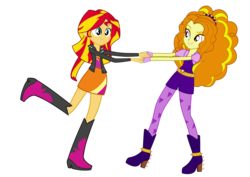 Size: 5000x3535 | Tagged: safe, artist:jdbener, adagio dazzle, sunset shimmer, equestria girls, g4, .svg available, absurd resolution, boots, clothes, dancing, duo, female, fingerless gloves, gloves, high heels, holding hands, leather jacket, lesbian, ponyscape, raised leg, request, ship:sunsagio, shipper on deck, shipping, shoes, simple background, skirt, spikes, transparent background, vector