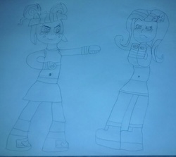 Size: 857x763 | Tagged: safe, artist:shafty817, fluttershy, sour sweet, equestria girls, g4, boxing, exeron fighters, exeron gloves, fight, monochrome, traditional art