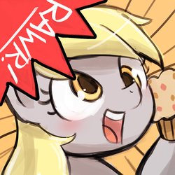 Size: 750x750 | Tagged: safe, artist:lumineko, part of a set, derpy hooves, pegasus, pony, g4, avatar, cute, derpabetes, dialogue, female, i just don't know what went wrong, mare, muffin, open mouth, rawr, rawrvatar, solo, speech bubble, upside down