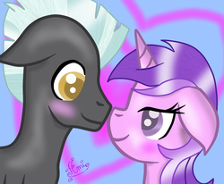 Size: 1500x1236 | Tagged: safe, artist:purpleloverpony, amethyst star, sparkler, thunderlane, pegasus, pony, unicorn, g4, amethystlane, blushing, crack shipping, female, floppy ears, looking at each other, looking at someone, male, mare, shipping, stallion, straight