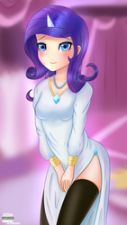 Size: 978x1738 | Tagged: safe, artist:vanillafox2035, rarity, human, g4, boutique, clothes, dress, female, horn, horned humanization, humanized, looking at you, multiple variants, side slit, solo, stockings