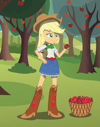 Size: 2361x3000 | Tagged: safe, artist:amante56, artist:matty4z, applejack, equestria girls, g4, apple, basket, boots, clothes, cowboy boots, cowboy hat, denim skirt, female, freckles, hand on hip, hat, heart, high res, roses and hearts 2015, skirt, solo, stetson
