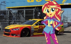 Size: 4608x2860 | Tagged: safe, sunset shimmer, equestria girls, g4, my little pony equestria girls: friendship games, car, clothes, equestria girls in real life, female, ford, ford fusion, gloves, high res, joey logano, looking at you, motorcross, nascar, photo, race track, racecar, solo, wondercolts