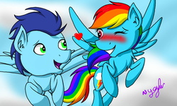 Size: 1024x614 | Tagged: safe, artist:yogfan, rainbow dash, soarin', pony, g4, blushing, female, male, ship:soarindash, shipping, straight, wrong cutie mark