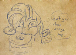 Size: 1005x722 | Tagged: safe, artist:post-it, rarity, g4, cake, caught, eating, female, monochrome, sketch, solo, thought bubble