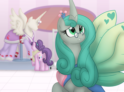 Size: 1180x882 | Tagged: safe, artist:faith-wolff, queen chrysalis, suri polomare, alicorn, changeling, changeling queen, earth pony, pony, fanfic:the bridge, fanfic:the bridge: sound of thunder, g4, clothes, dark mirror universe, dress, duchess chrysalis, duo, female, mannequin, mare, mirror universe, pince-nez, ponyquin, reversalis, story included