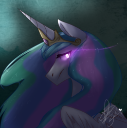 Size: 867x878 | Tagged: safe, artist:discosweetruletik, princess celestia, g4, female, glowing eyes, looking back, profile, solo