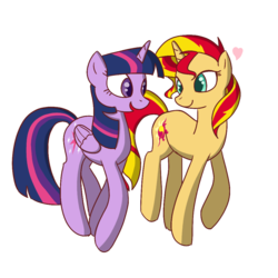 Size: 1000x1000 | Tagged: safe, artist:faeizumine, sunset shimmer, twilight sparkle, alicorn, pony, unicorn, g4, female, heart, lesbian, ship:sunsetsparkle, shipping, twilight sparkle (alicorn)