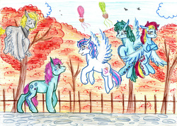 Size: 1985x1410 | Tagged: safe, artist:animagicworld, derpy hooves, medley, minty, thistle whistle, oc, pegasus, pony, g1, g3, g4, female, hot air balloon, mare, traditional art