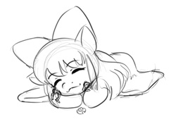 Size: 434x306 | Tagged: safe, artist:alloyrabbit, apple bloom, human, g4, adorabloom, cute, happy, hug, monochrome, size difference, sketch, snuggles?, snuggling