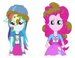 Size: 1255x967 | Tagged: safe, artist:abtoons, edit, screencap, pinkie pie, rainbow dash, equestria girls, g4, my little pony equestria girls: rainbow rocks, arm behind back, arms, awkward smile, bowl, bracelet, breasts, bust, clothes, collar, cookie dough, cream, cropped, female, food, frown, hand, hand behind back, happy, jewelry, long hair, messy hair, pudding, shirt, skirt, smiling, t-shirt, teenager, unamused, vest, wristband