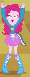 Size: 171x430 | Tagged: safe, screencap, pinkie pie, equestria girls, g4, my little pony equestria girls, boots, clothes, cropped, female, great moments in animation, helping twilight win the crown, high heel boots, lidded eyes, mid-blink screencap, pony ears, raised arms, shoes, solo, wondercolts uniform
