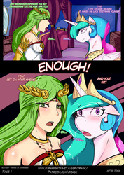Size: 1488x2104 | Tagged: safe, artist:dragk, princess celestia, comic:sun-light - human on goddessess, g4, angry, comic, crossover, dialogue, imminent sex, imminent threesome, kid icarus, offscreen character, palutena, self insert, speech bubble, yelling