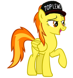 Size: 1024x1087 | Tagged: artist needed, safe, edit, spitfire, pegasus, pony, g4, /mlp/, baseball cap, bedroom eyes, female, hat, lewd, mare, meme, open mouth, raised hoof, show accurate, simple background, solo, top gun hat, white background