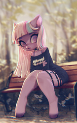 Size: 540x864 | Tagged: dead source, safe, artist:frali, oc, oc only, anthro, unguligrade anthro, beautiful, bench, big eyes, depth of field, duckface, ear fluff, floppy ears, flower, forest, garter belt, garters, glowing, heart, lips, looking at you, necklace, realistic, senpai, sitting, sleeveless, solo, sunlight, thigh garters, thighs, tube top