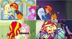 Size: 1111x609 | Tagged: safe, screencap, applejack, fluttershy, pinkie pie, sci-twi, sunset shimmer, trixie, twilight sparkle, equestria girls, g4, my little pony equestria girls, my little pony equestria girls: friendship games, my little pony equestria girls: rainbow rocks, angry, female