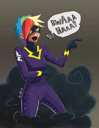 Size: 723x935 | Tagged: safe, artist:blurred-cat, rainbow dash, human, g4, luna eclipsed, clothes, cloud, colored, costume, female, halloween, humanized, laughing, pointing, shadowbolt dash, shadowbolts, shadowbolts costume, solo, text