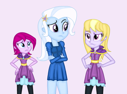 Size: 1024x759 | Tagged: safe, artist:prettycelestia, fuchsia blush, lavender lace, trixie, equestria girls, g4, female, simple background, trixie and the illusions