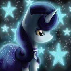 Size: 900x900 | Tagged: safe, artist:chanceyb, moonlight raven, pony, unicorn, canterlot boutique, g4, clothes, dress, female, mare, over the moon, solo, sparkles, stars