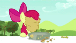 Size: 480x270 | Tagged: safe, screencap, apple bloom, earth pony, pony, brotherhooves social, g4, season 5, adorabloom, animated, cute, discovery family logo, eating, female, filly, foal, gif, licking, messy eating, open mouth, pie, smiling, solo, tongue out